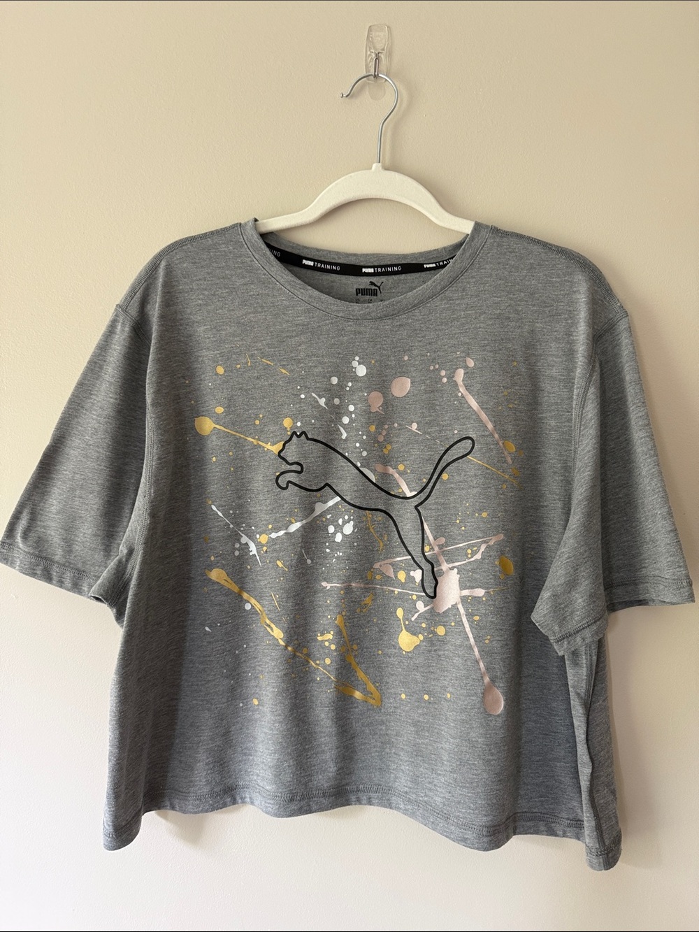Puma Gray Cropped Tee with Black Logo and Metallic Splatter